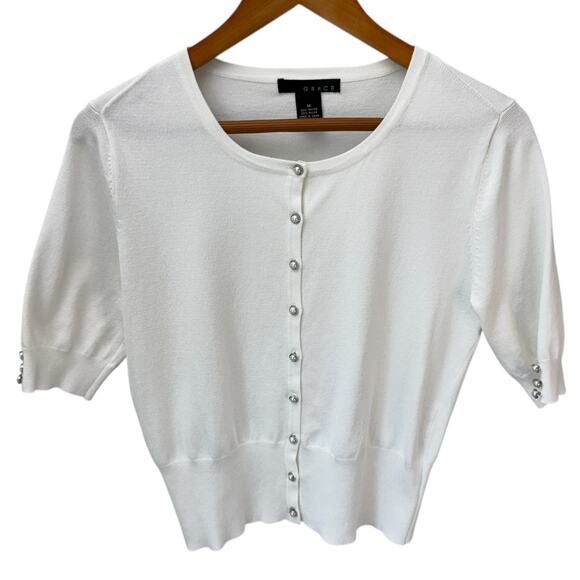 GRACE Short Sleeve Cardigan Sweater Size M Faux Pearl Buttons - Picture 1 of 9